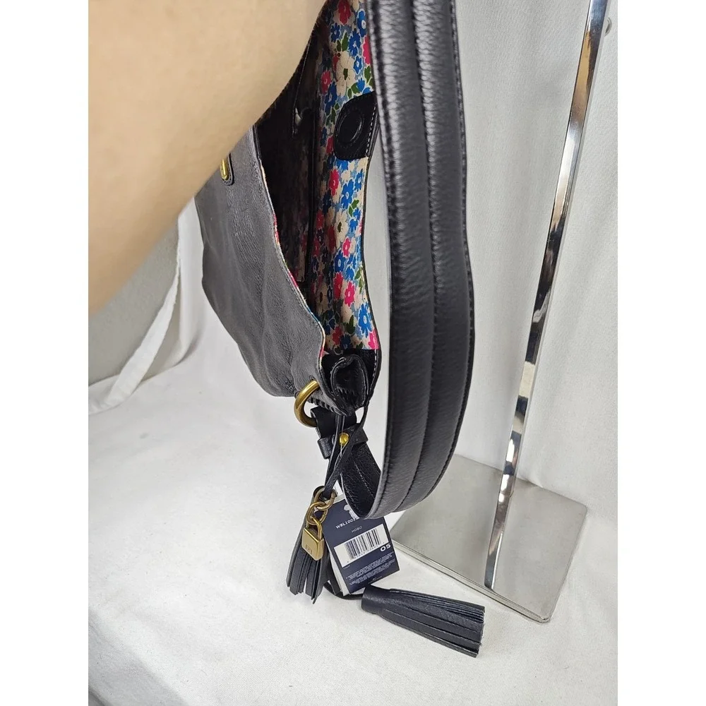 Tommy Hilfiger Black Pebbled Leather Hobo Bag Floral Lining NWT Tassel Purse